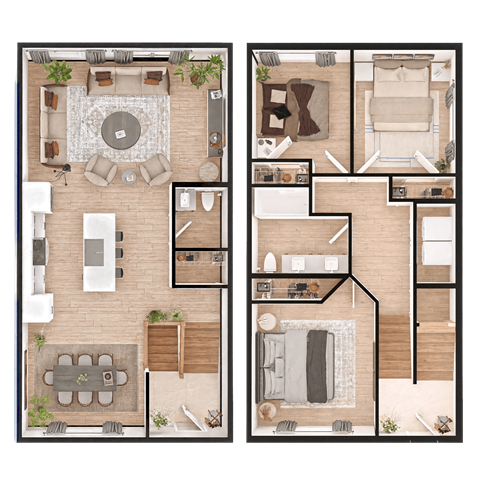 A floor plan of a two-story house with a living room, dining room, kitchen, and bedrooms.